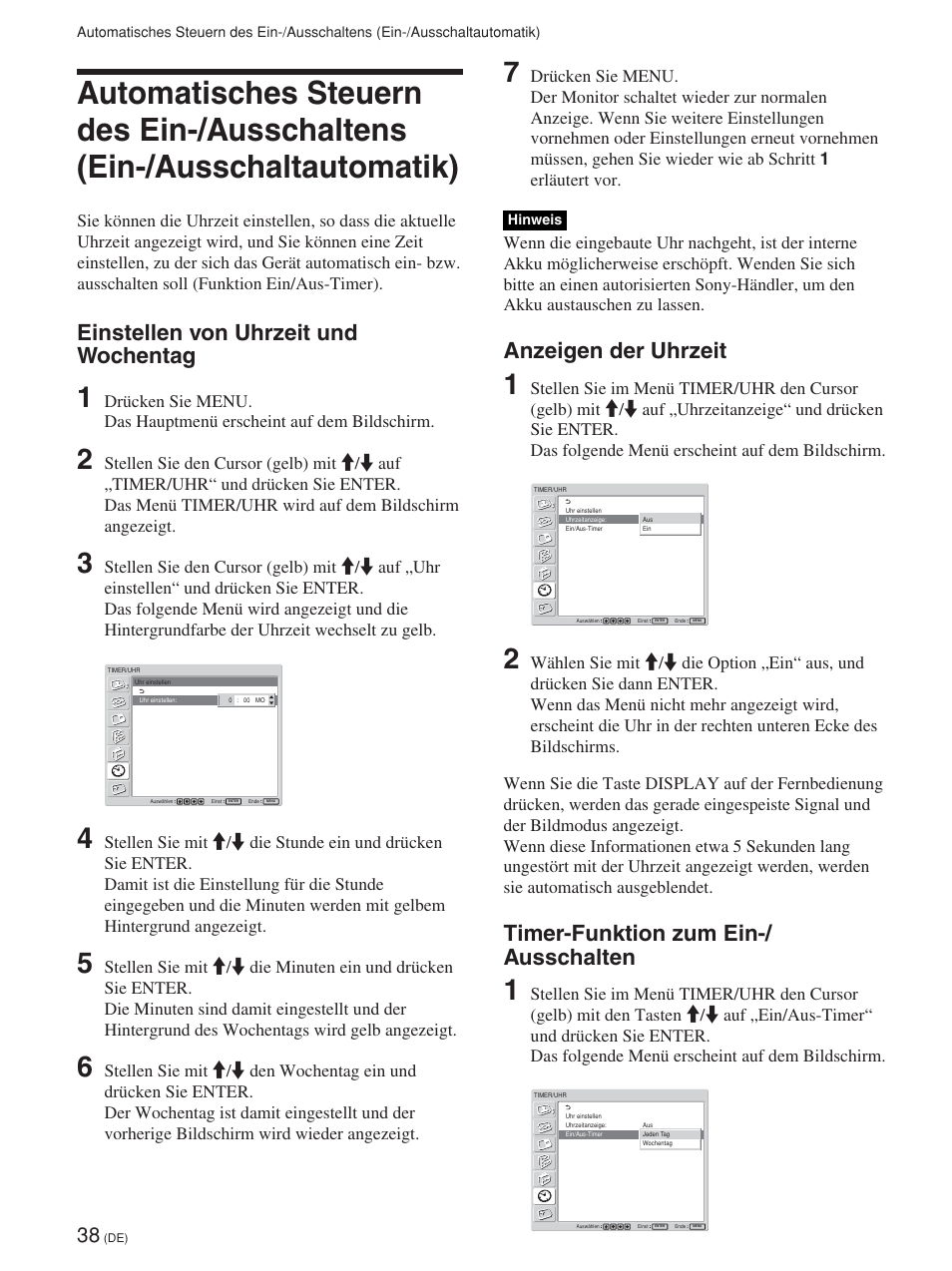 Einstellen von uhrzeit und wochentag, Anzeigen der uhrzeit, Timer-funktion zum ein-/ ausschalten | Sony FWD-42PV1 User Manual | Page 180 / 328