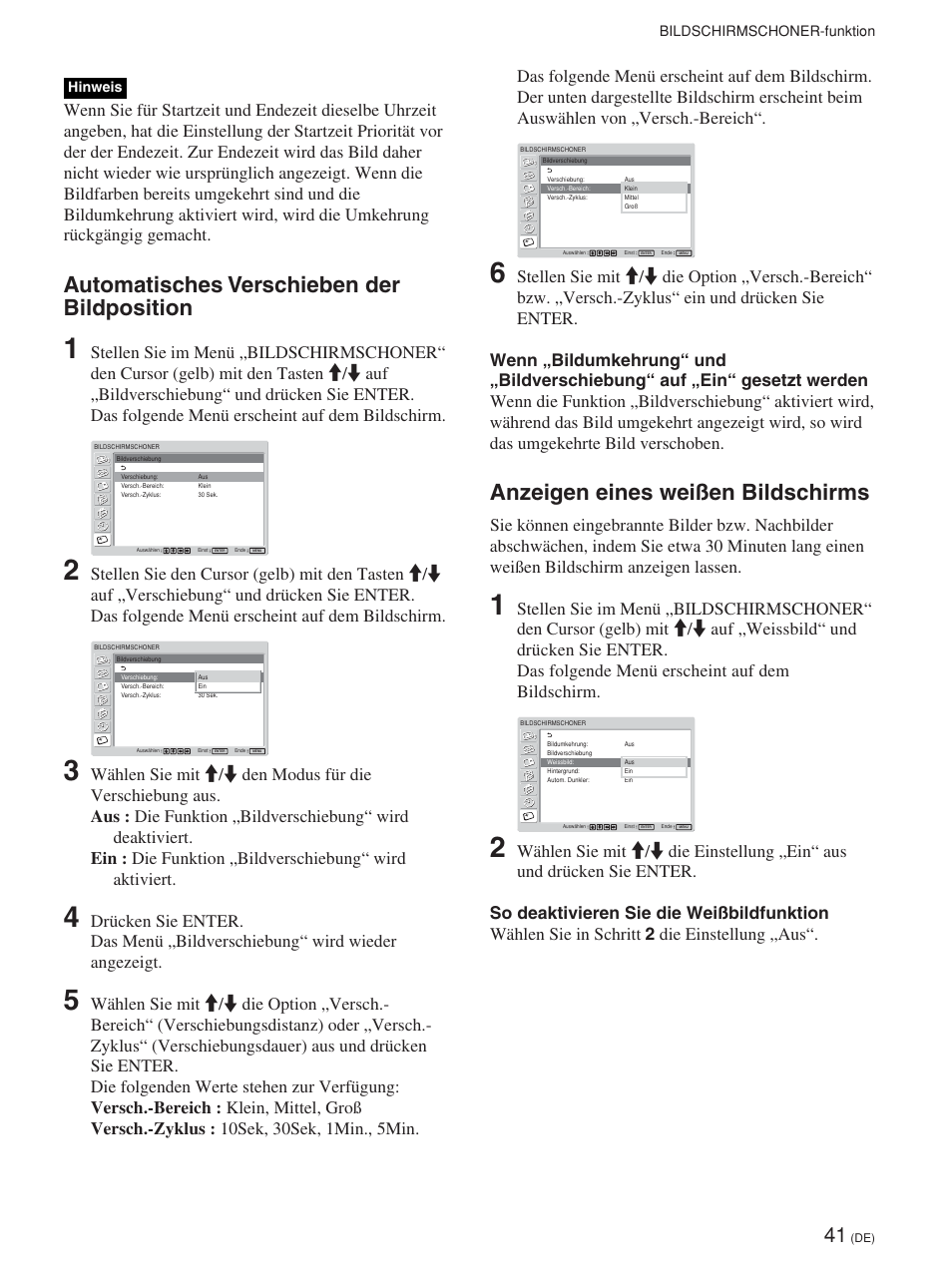 Automatisches verschieben der bildposition, Anzeigen eines weißen bildschirms | Sony FWD-42PV1 User Manual | Page 183 / 328