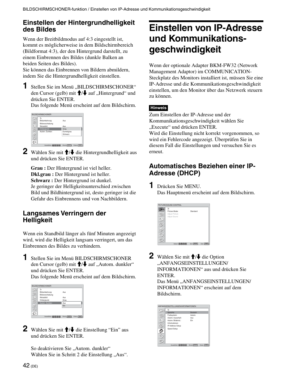 Einstellen der hintergrundhelligkeit des bildes, Langsames verringern der helligkeit, Automatisches beziehen einer ip- adresse (dhcp) | Sony FWD-42PV1 User Manual | Page 184 / 328