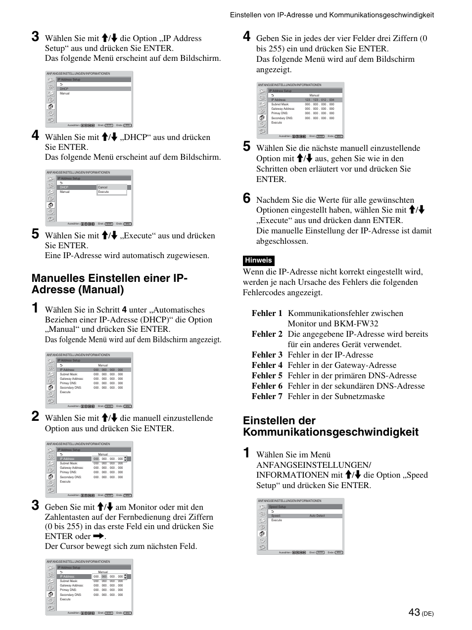 Manuelles einstellen einer ip- adresse (manual), Einstellen der kommunikationsgeschwindigkeit, Hinweis | Sony FWD-42PV1 User Manual | Page 185 / 328