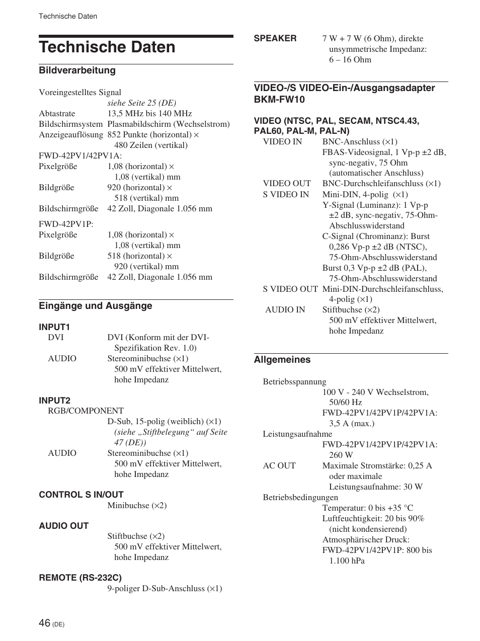 Technische daten | Sony FWD-42PV1 User Manual | Page 188 / 328