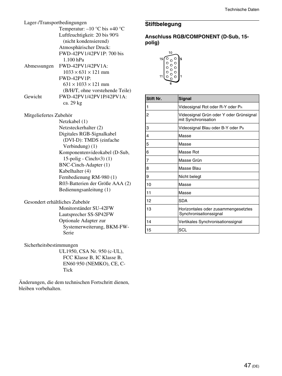 Stiftbelegung | Sony FWD-42PV1 User Manual | Page 189 / 328