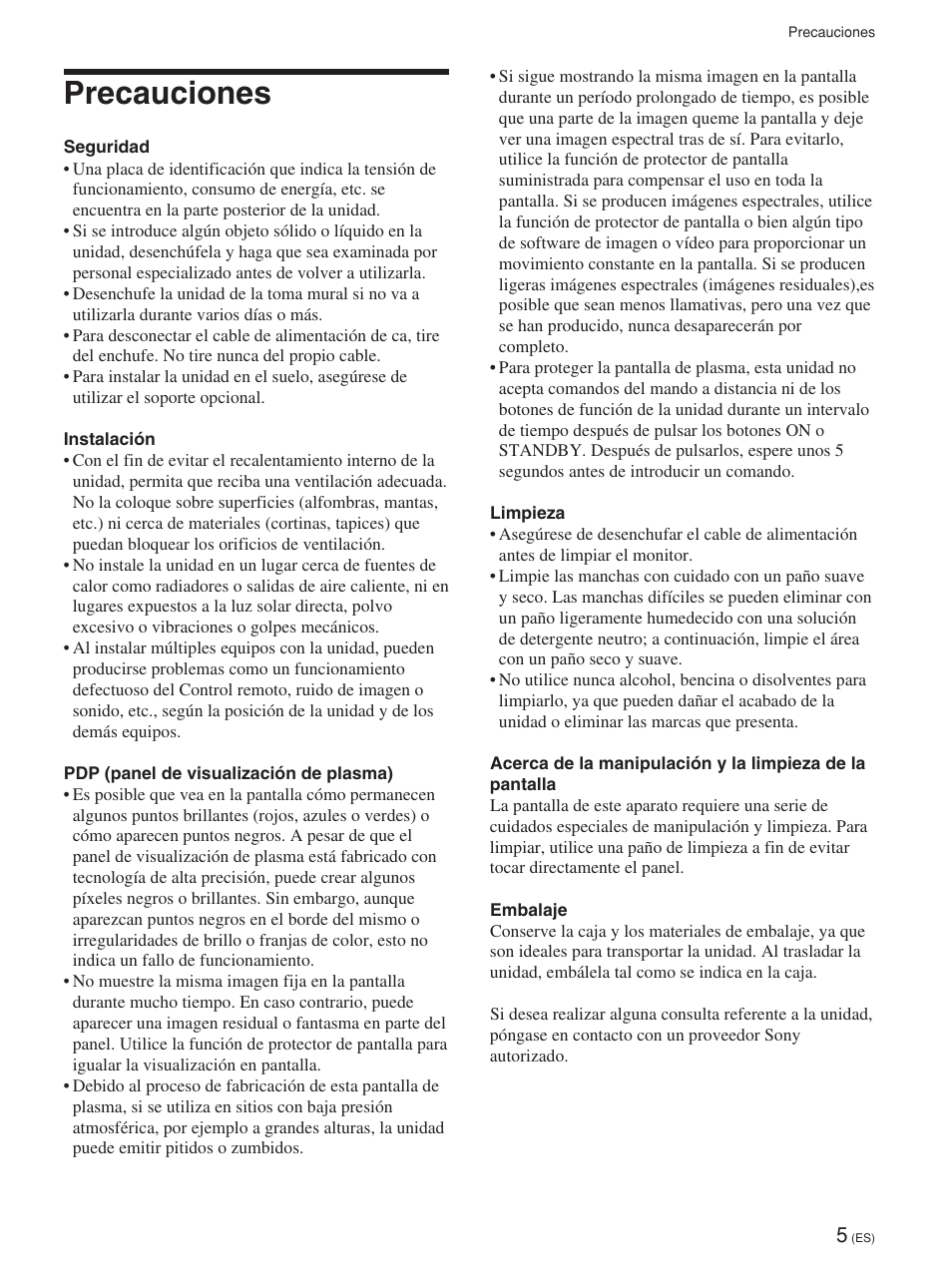 Precauciones | Sony FWD-42PV1 User Manual | Page 193 / 328