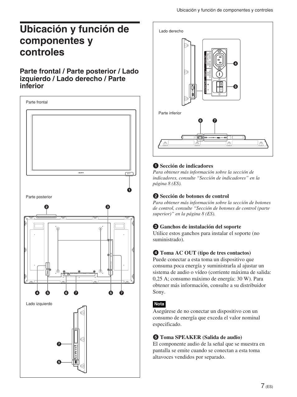 Ubicación y función de componentes y controles | Sony FWD-42PV1 User Manual | Page 195 / 328