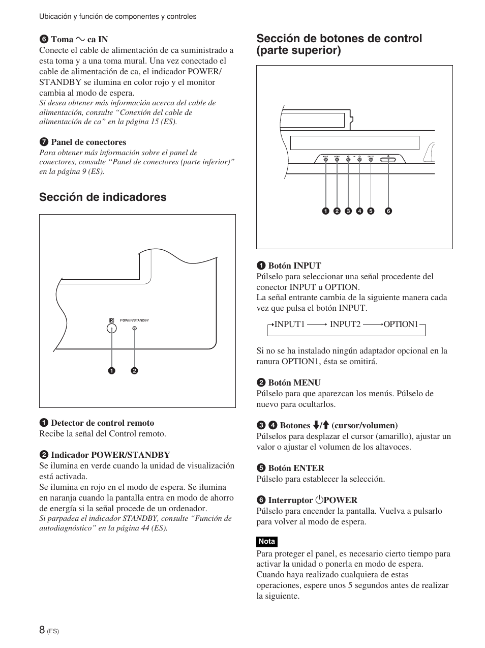 Sección de indicadores, Sección de botones de control (parte superior) | Sony FWD-42PV1 User Manual | Page 196 / 328