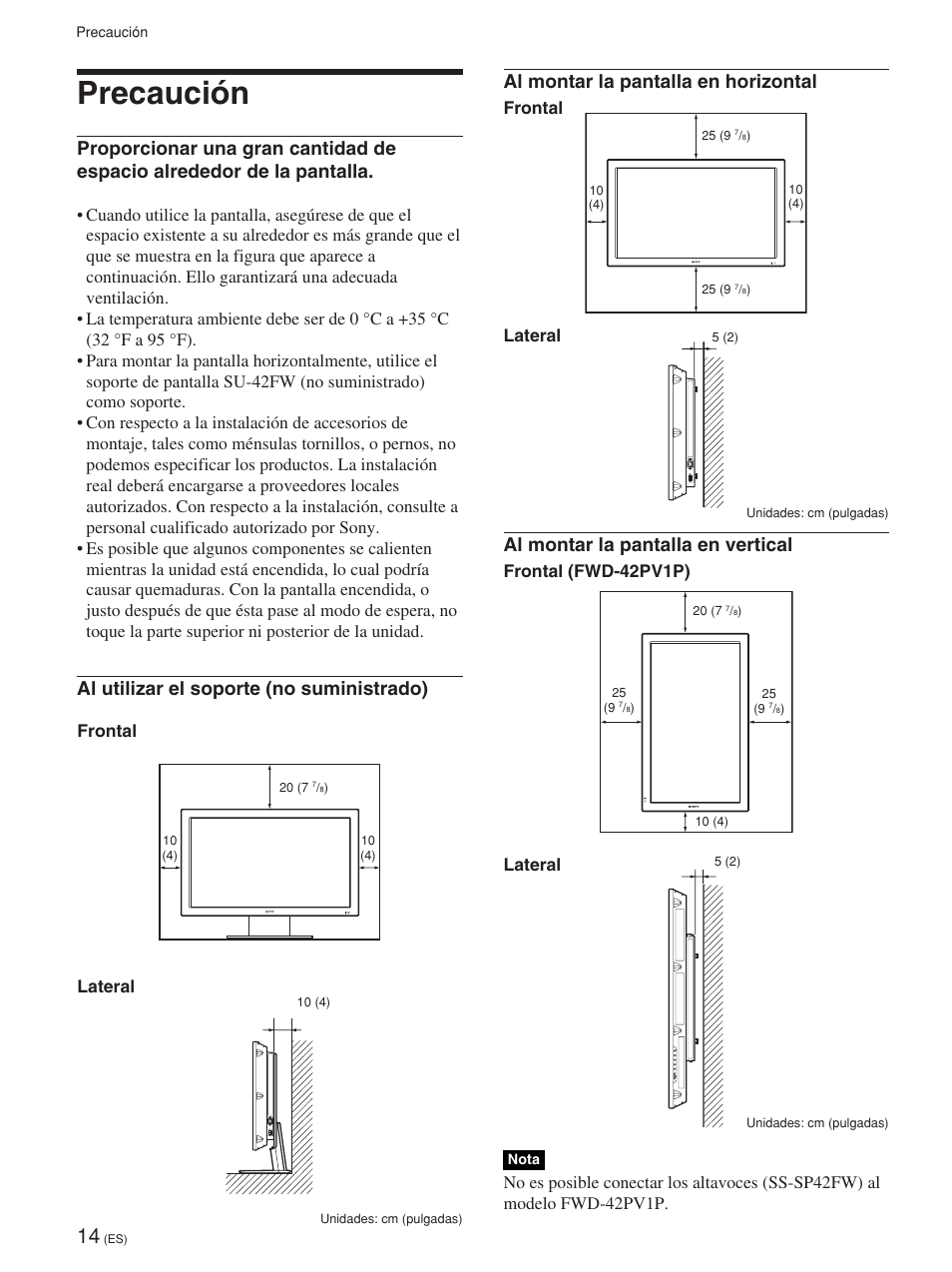 Precaución, Al utilizar el soporte (no suministrado), Al montar la pantalla en horizontal | Al montar la pantalla en vertical, Frontal lateral, Frontal (fwd-42pv1p) lateral | Sony FWD-42PV1 User Manual | Page 202 / 328