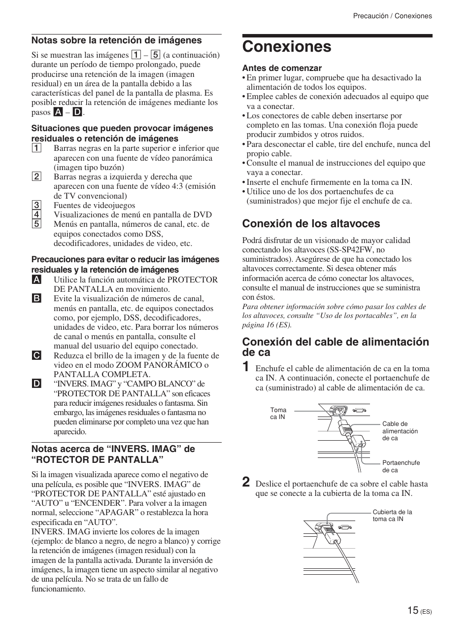 Conexiones, Conexión de los altavoces, Conexión del cable de alimentación de ca | Sony FWD-42PV1 User Manual | Page 203 / 328