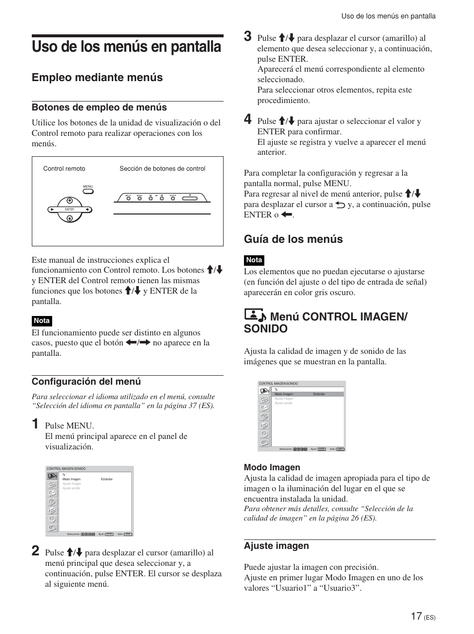 Uso de los menús en pantalla, Empleo mediante menús, Guía de los menús | Menú control imagen/ sonido, Botones de empleo de menús, Configuración del menú, Ajuste imagen | Sony FWD-42PV1 User Manual | Page 205 / 328