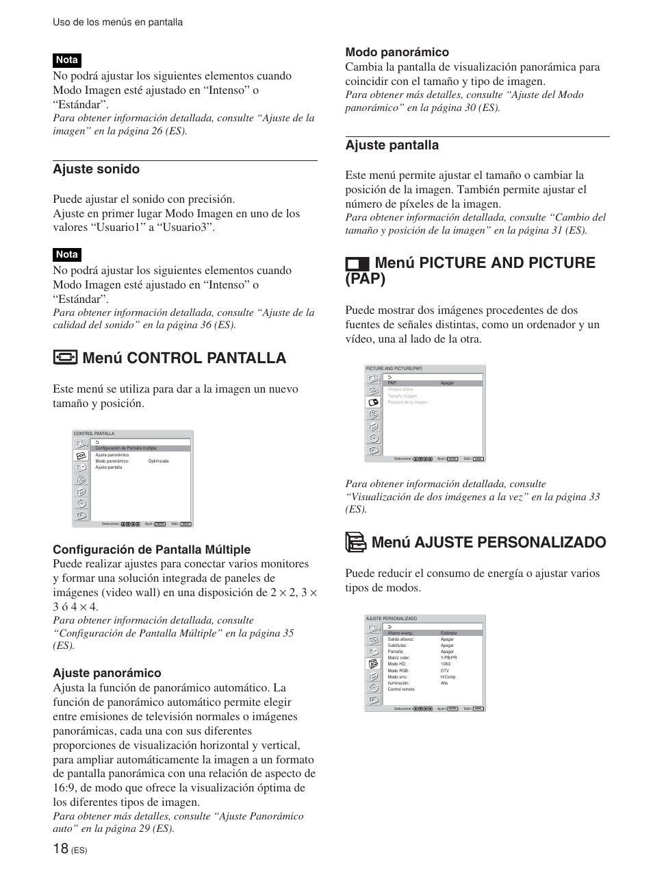 Menú control pantalla, Menú picture and picture (pap), Menú ajuste personalizado | Ajuste sonido, Ajuste pantalla, Uso de los menús en pantalla nota, Nota | Sony FWD-42PV1 User Manual | Page 206 / 328