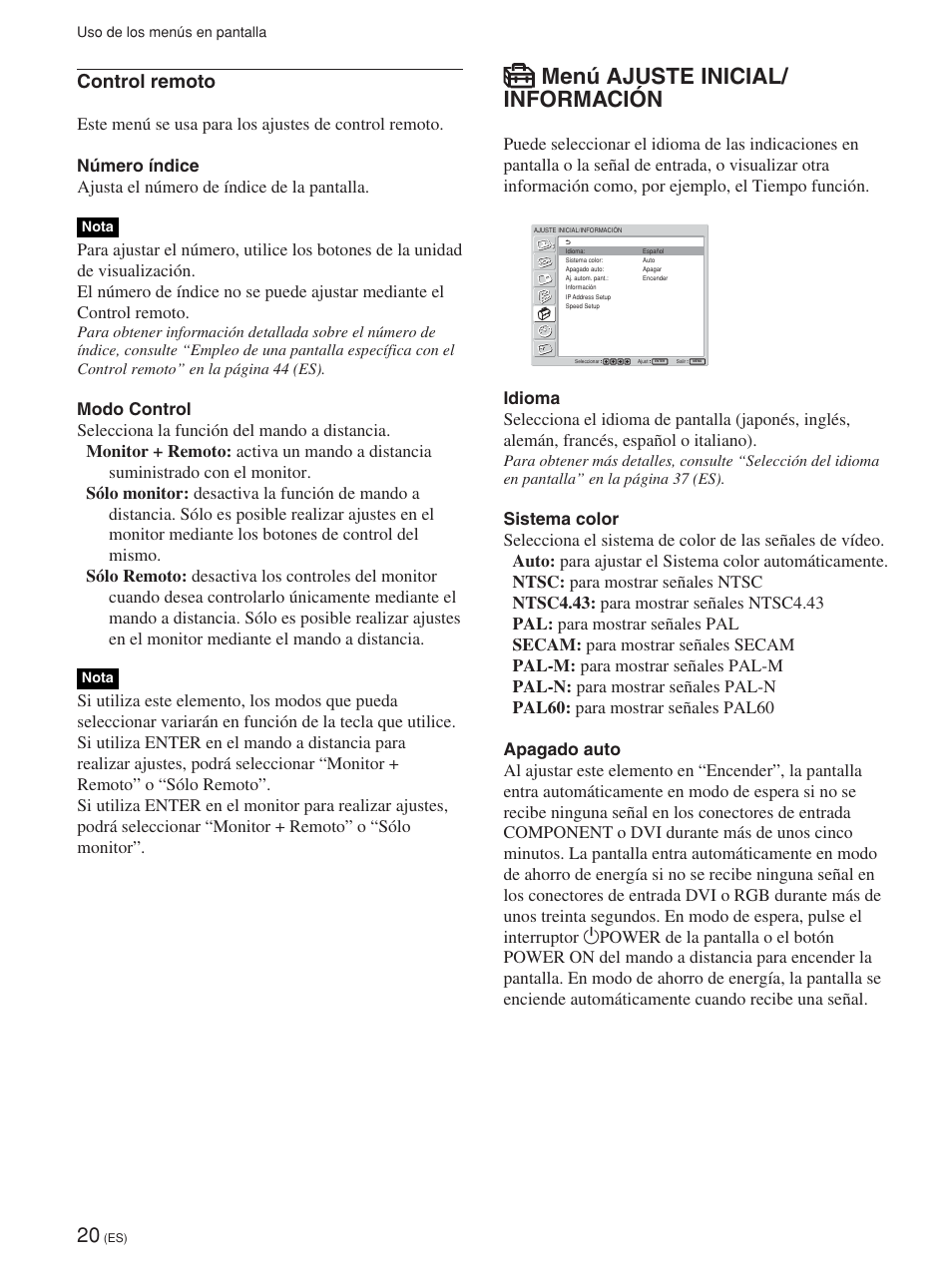 Menú ajuste inicial/ información, Control remoto | Sony FWD-42PV1 User Manual | Page 208 / 328