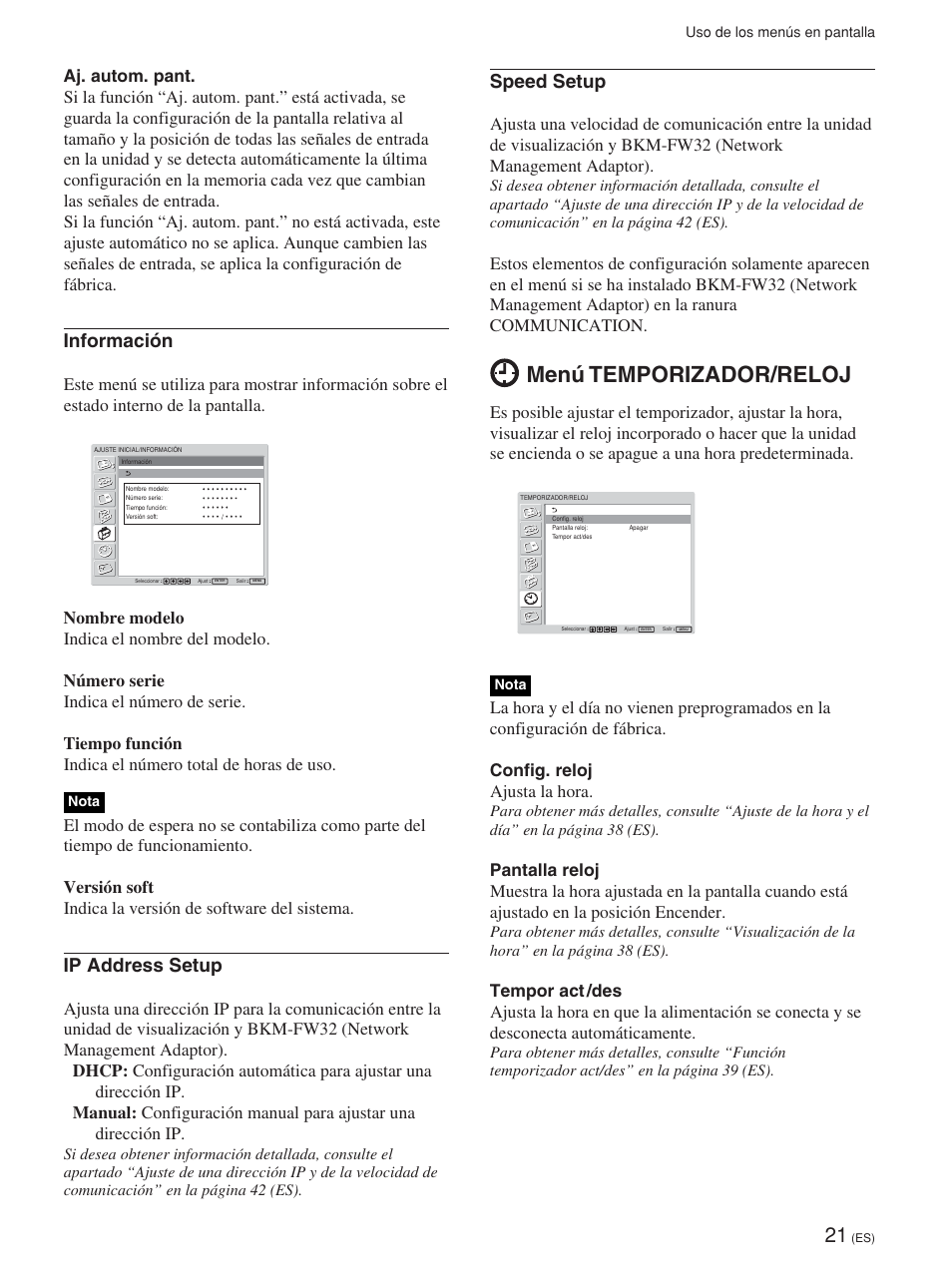 Menú temporizador/reloj, Información, Ip address setup | Speed setup | Sony FWD-42PV1 User Manual | Page 209 / 328