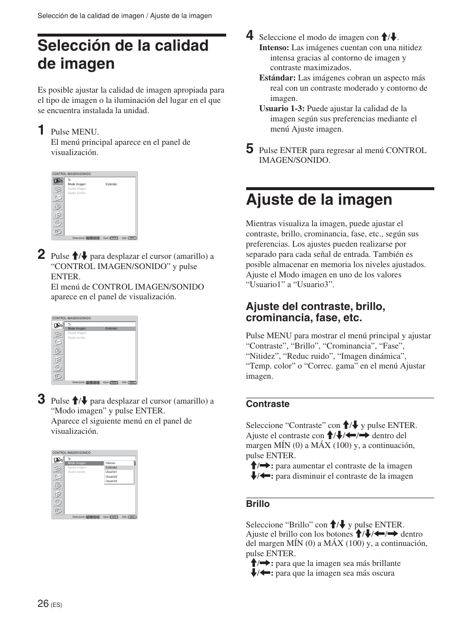 Selección de la calidad de imagen, Ajuste de la imagen, Contraste | Brillo | Sony FWD-42PV1 User Manual | Page 214 / 328