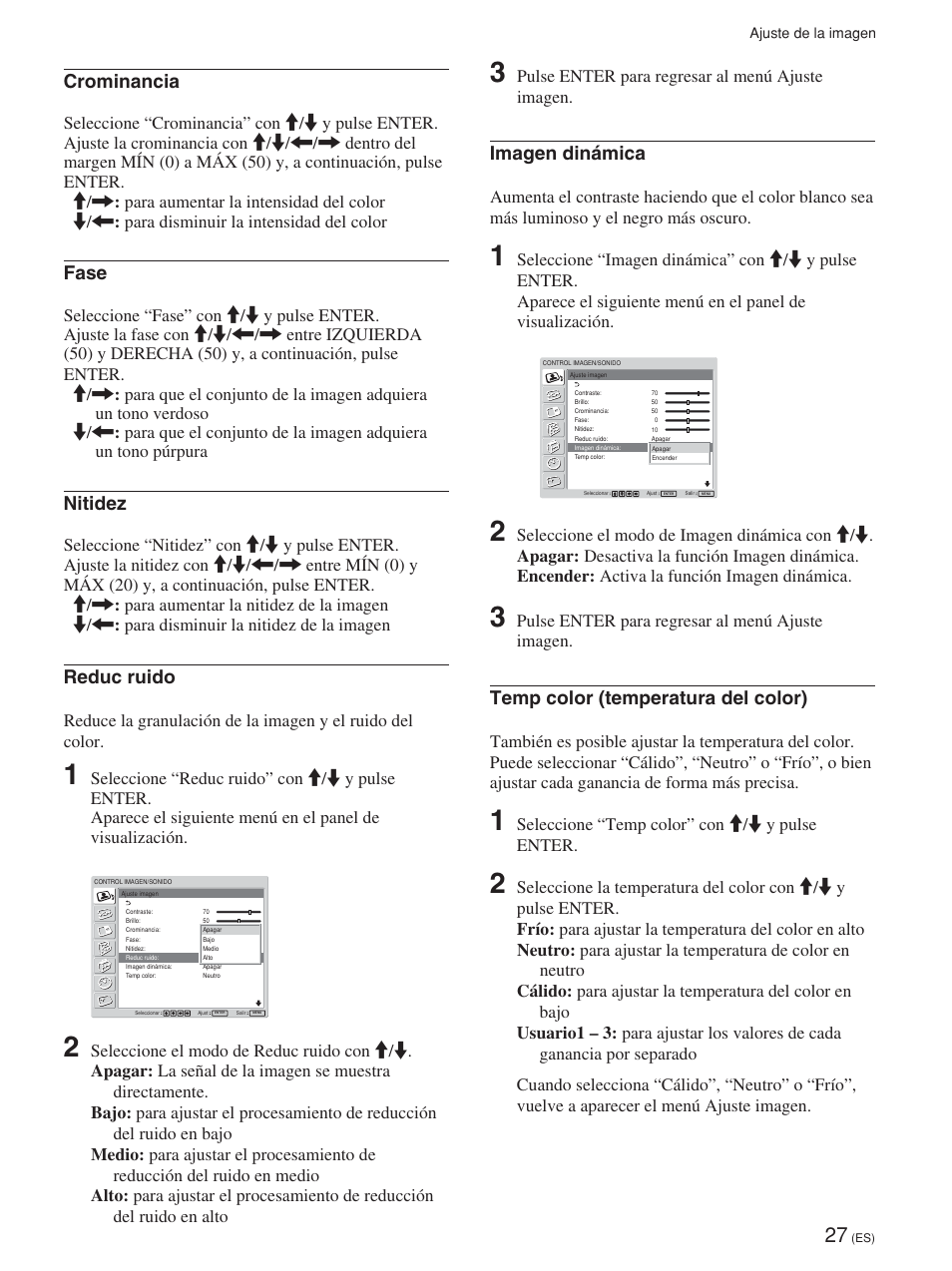 Crominancia, Fase, Nitidez | Reduc ruido, Imagen dinámica, Temp color (temperatura del color), Pulse enter para regresar al menú ajuste imagen, Seleccione “temp color” con m/m y pulse enter | Sony FWD-42PV1 User Manual | Page 215 / 328