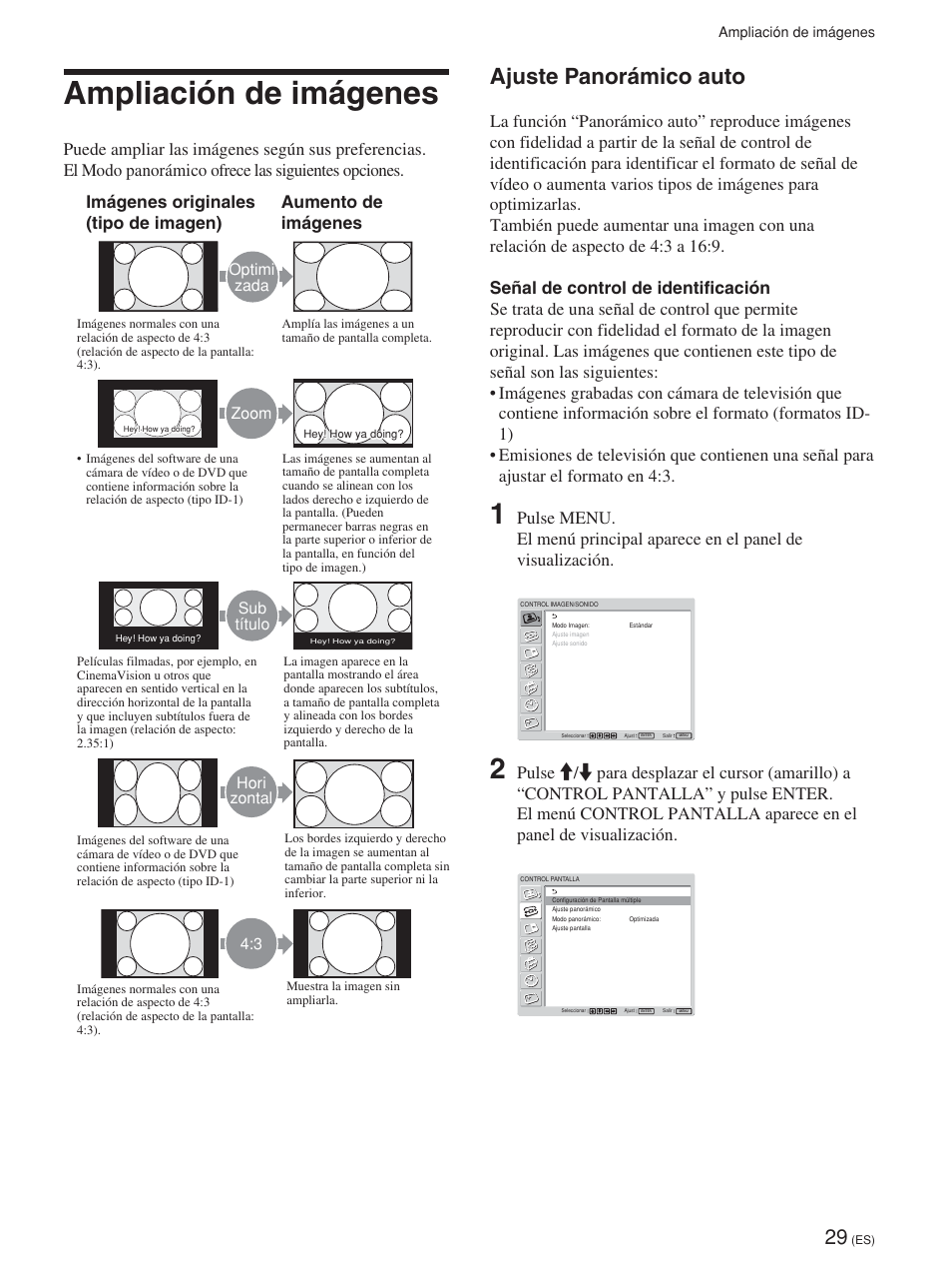 Ampliación de imágenes, Ajuste panorámico auto, Optimi zada | Zoom, Sub título, Hori zontal | Sony FWD-42PV1 User Manual | Page 217 / 328