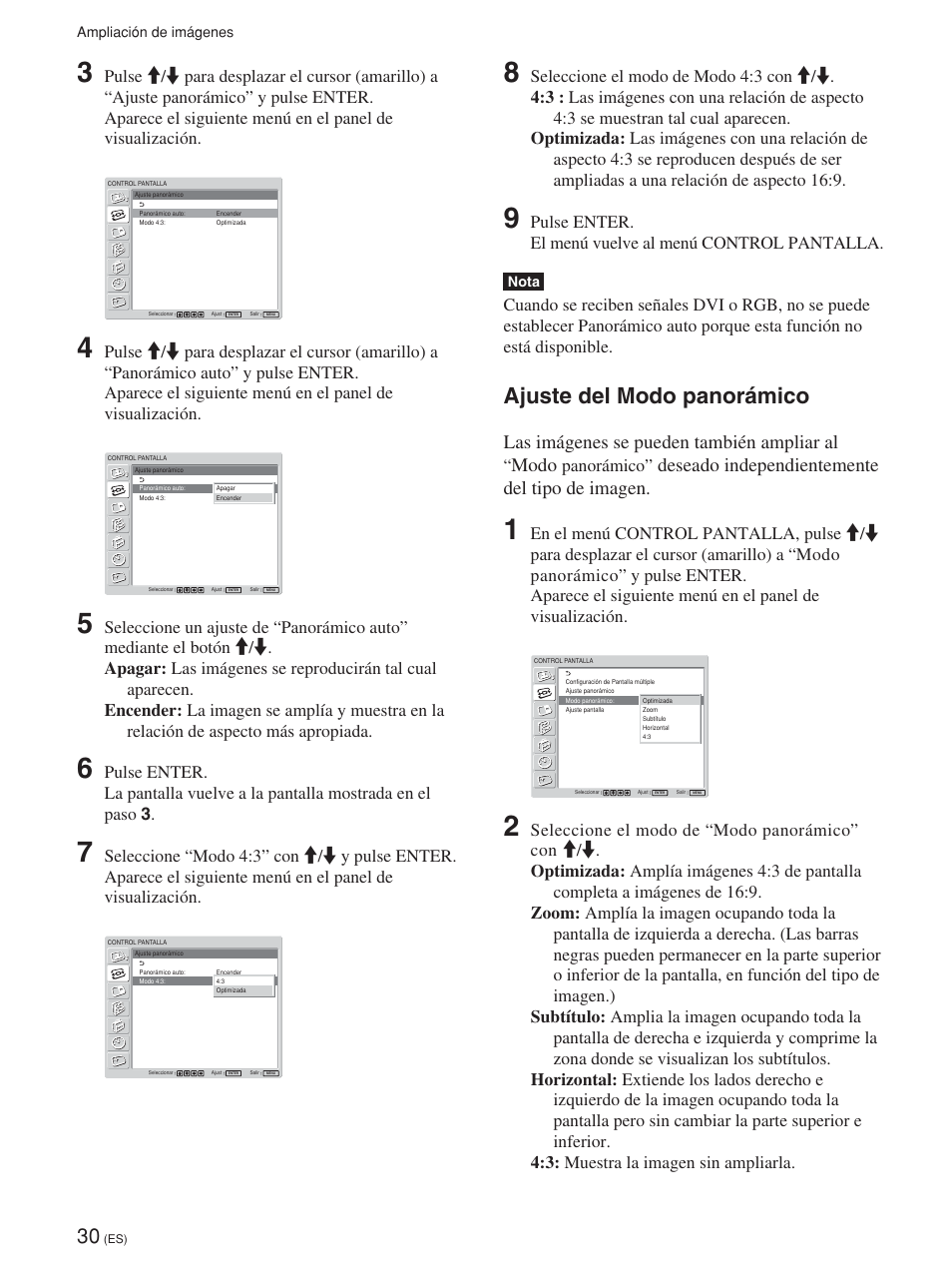 Ajuste del modo panorámico, Las imágenes se pueden también ampliar al, Modo | Deseado independientemente del tipo de imagen, Panorámico | Sony FWD-42PV1 User Manual | Page 218 / 328