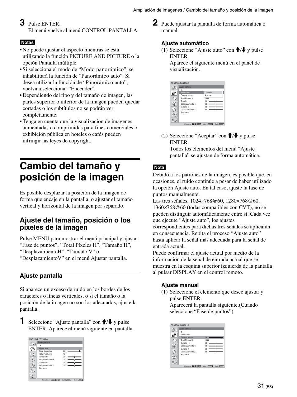 Cambio del tamaño y posición de la imagen, Ajuste pantalla, Notas | Nota | Sony FWD-42PV1 User Manual | Page 219 / 328