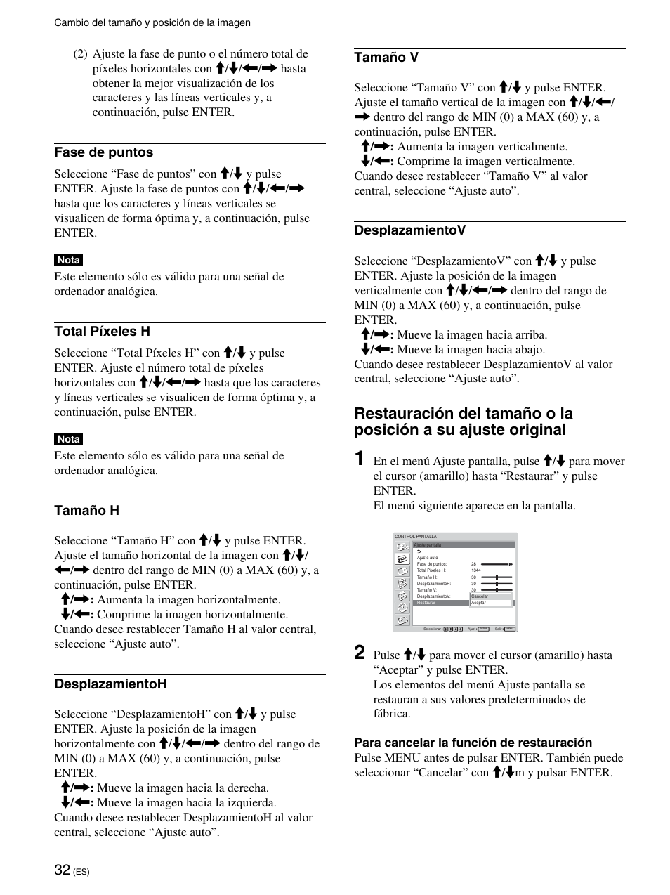 Fase de puntos, Total píxeles h, Tamaño h | Desplazamientoh, Tamaño v, Desplazamientov | Sony FWD-42PV1 User Manual | Page 220 / 328