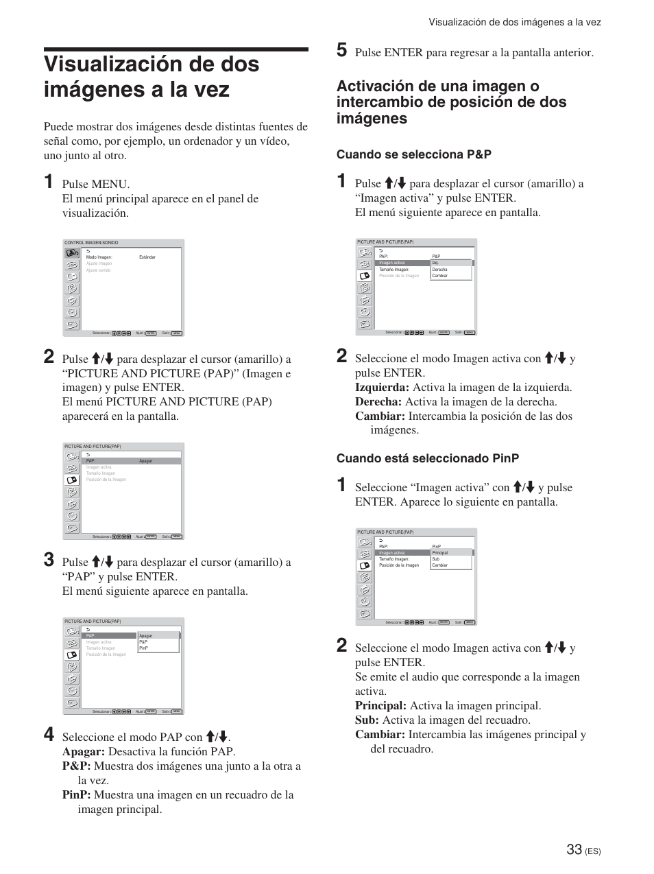 Visualización de dos imágenes a la vez, Pulse enter para regresar a la pantalla anterior, Cuando se selecciona p&p | Sony FWD-42PV1 User Manual | Page 221 / 328