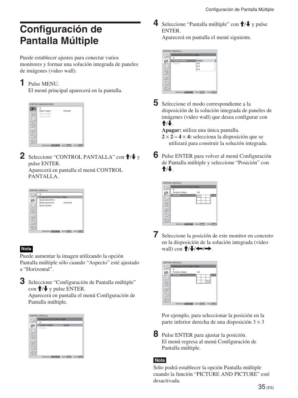 Configuración de pantalla múltiple, Nota | Sony FWD-42PV1 User Manual | Page 223 / 328