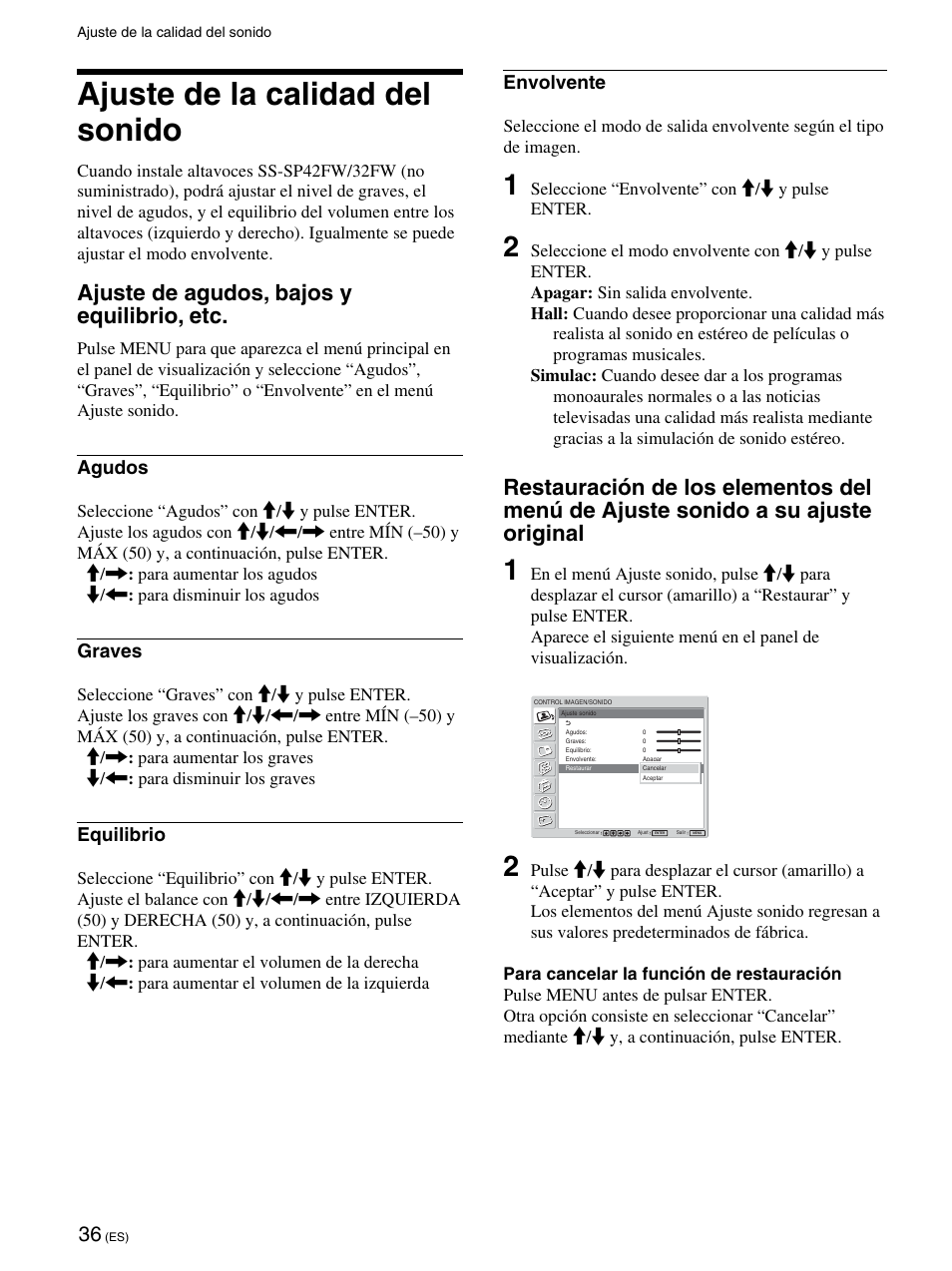Ajuste de la calidad del sonido, Ajuste de agudos, bajos y equilibrio, etc, Agudos | Graves, Equilibrio, Envolvente | Sony FWD-42PV1 User Manual | Page 224 / 328