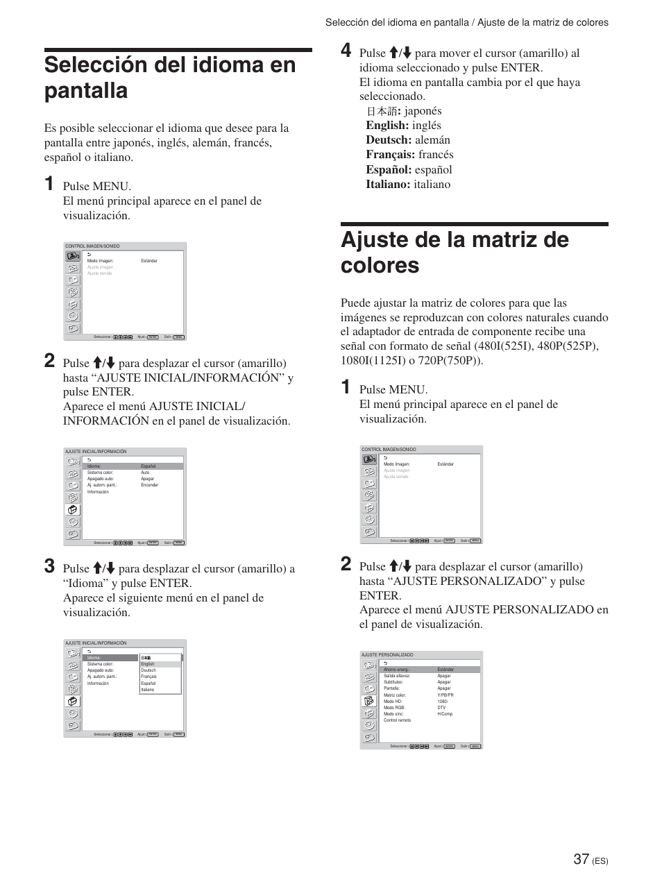 Selección del idioma en pantalla, Ajuste de la matriz de colores | Sony FWD-42PV1 User Manual | Page 225 / 328