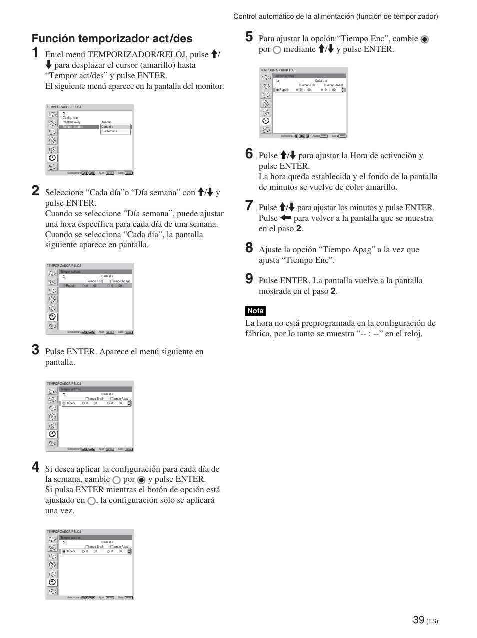 Función temporizador act /des, Pulse enter. aparece el menú siguiente en pantalla, Nota | Sony FWD-42PV1 User Manual | Page 227 / 328