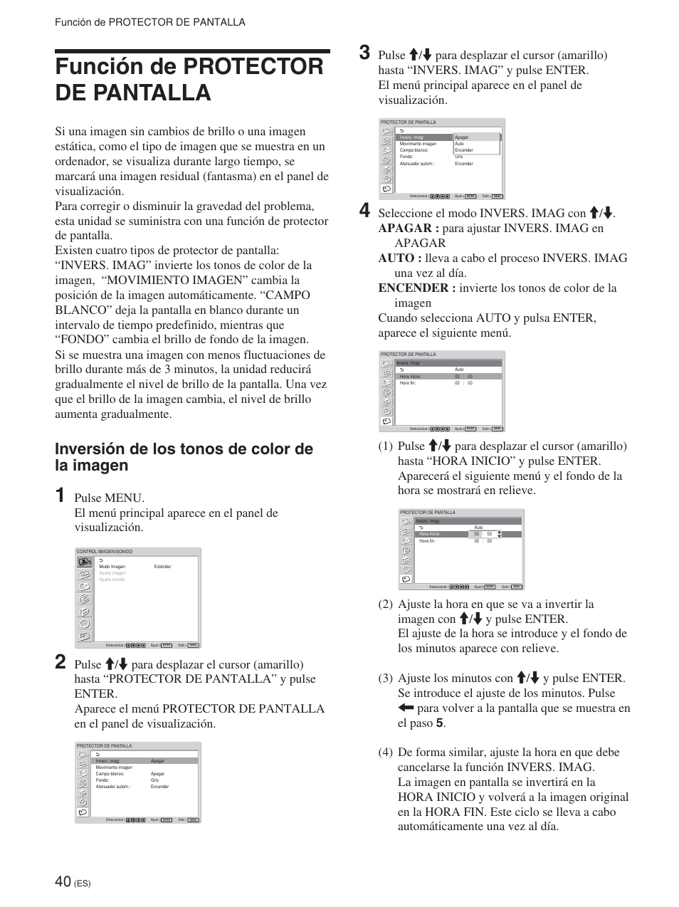 Función de protector de pantalla, Inversión de los tonos de color de la imagen | Sony FWD-42PV1 User Manual | Page 228 / 328