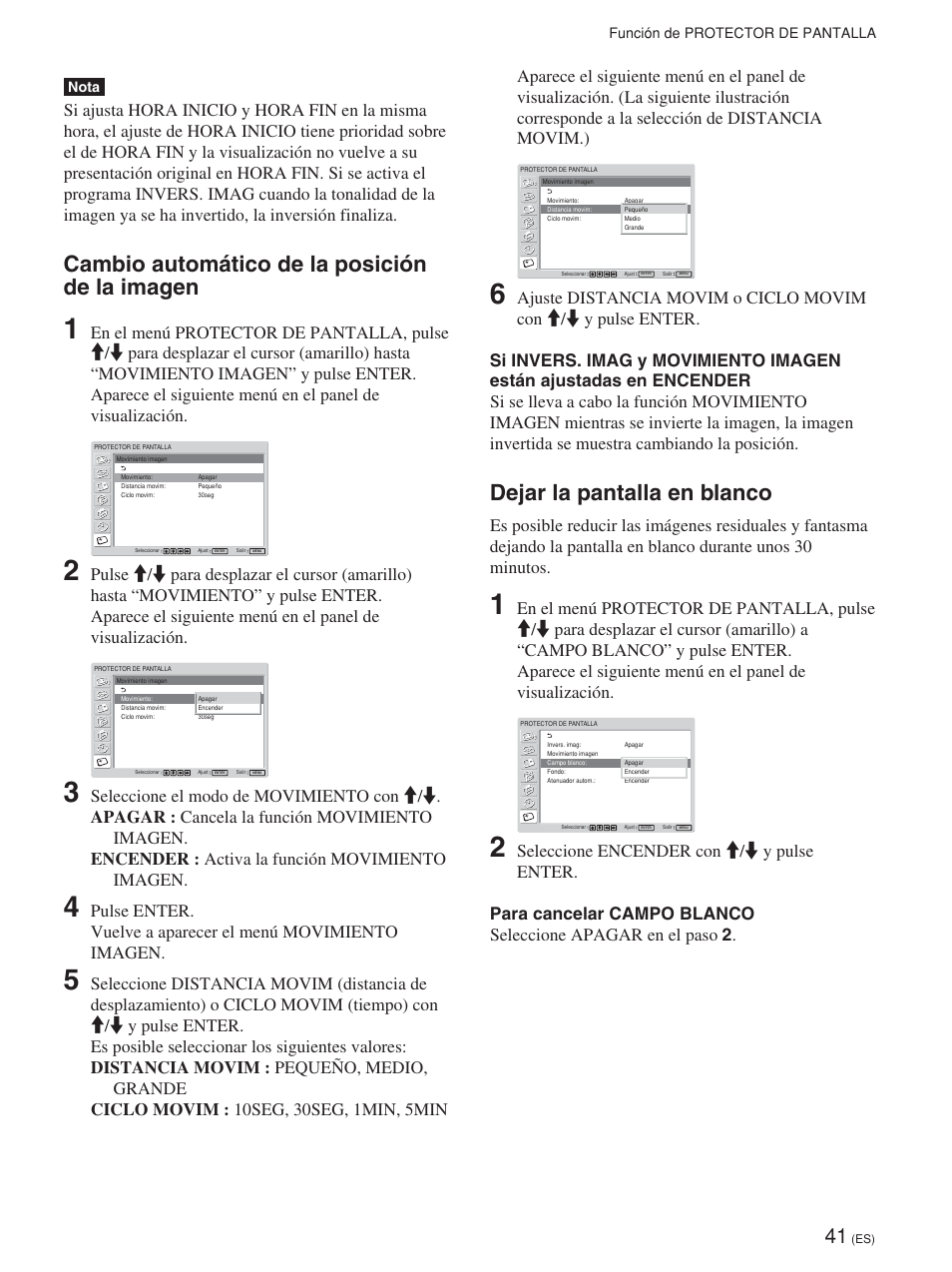 Cambio automático de la posición de la imagen, Dejar la pantalla en blanco | Sony FWD-42PV1 User Manual | Page 229 / 328
