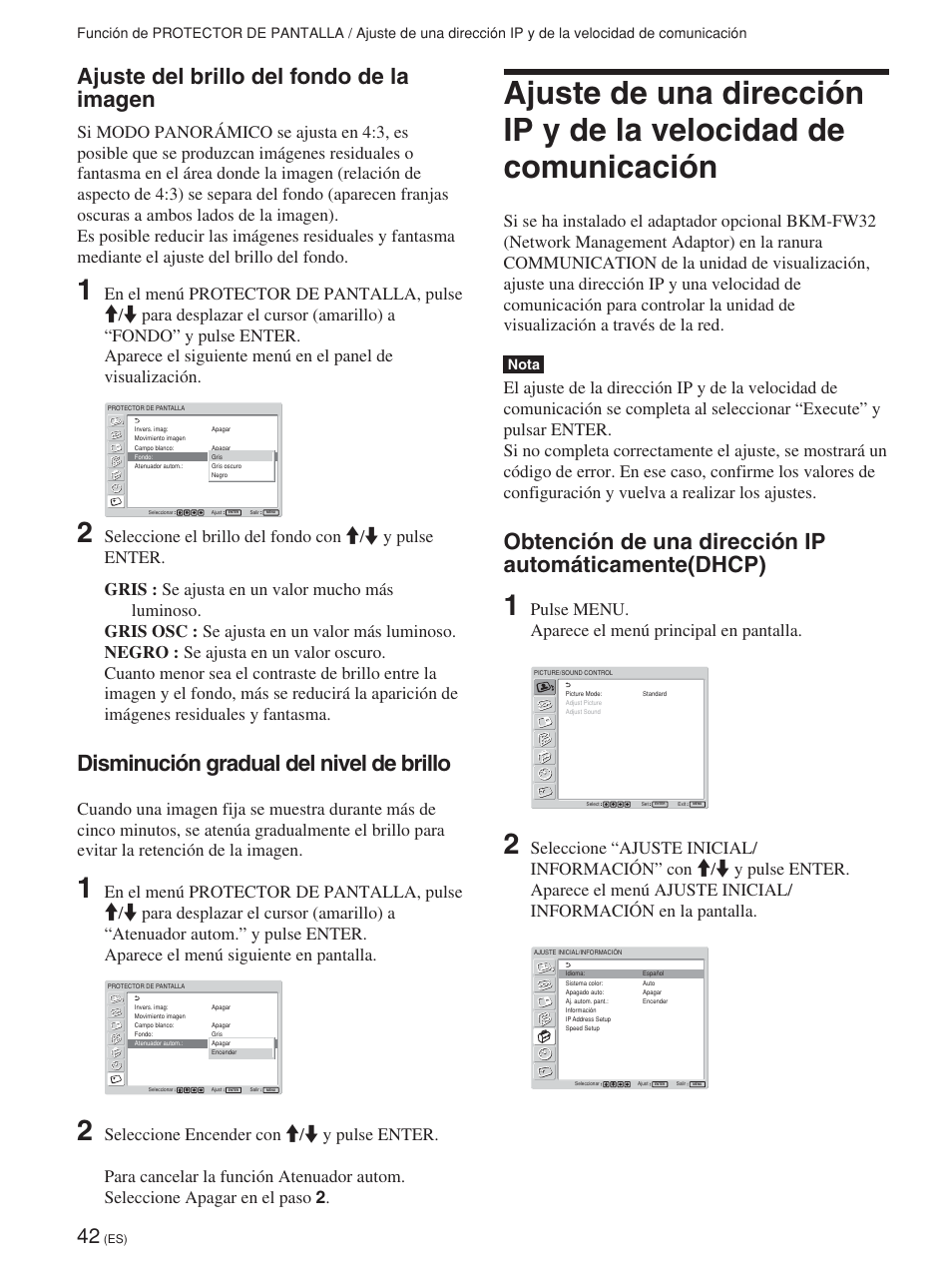 Ajuste del brillo del fondo de la imagen, Disminución gradual del nivel de brillo, Pulse menu. aparece el menú principal en pantalla | Nota | Sony FWD-42PV1 User Manual | Page 230 / 328