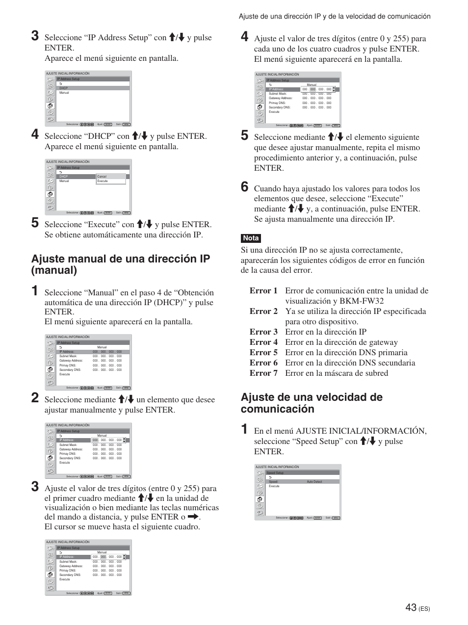 Ajuste manual de una dirección ip (manual), Ajuste de una velocidad de comunicación, Nota | Sony FWD-42PV1 User Manual | Page 231 / 328