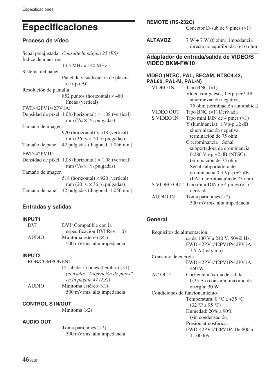 Especificaciones | Sony FWD-42PV1 User Manual | Page 234 / 328