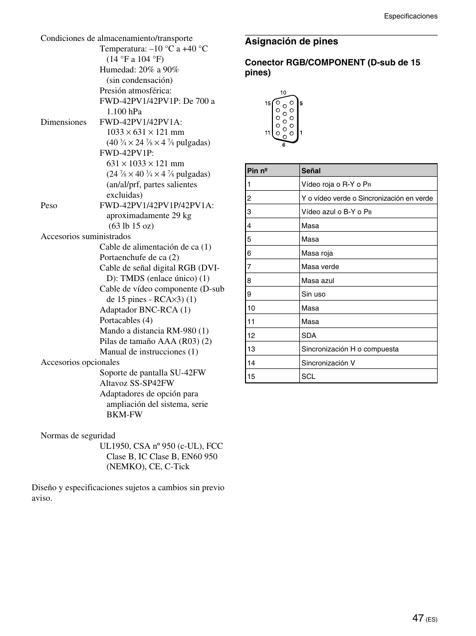 Asignación de pines | Sony FWD-42PV1 User Manual | Page 235 / 328