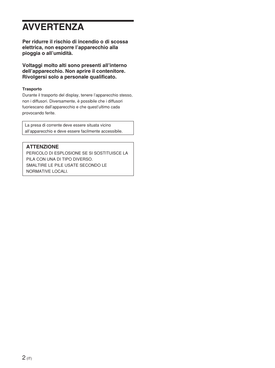 Avvertenza | Sony FWD-42PV1 User Manual | Page 236 / 328