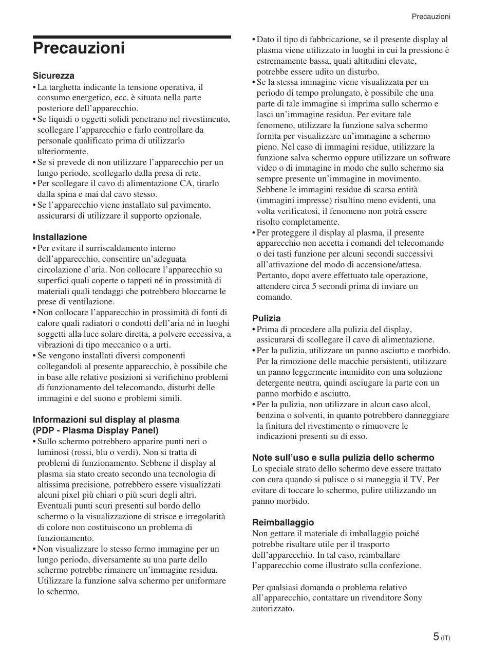 Precauzioni | Sony FWD-42PV1 User Manual | Page 239 / 328