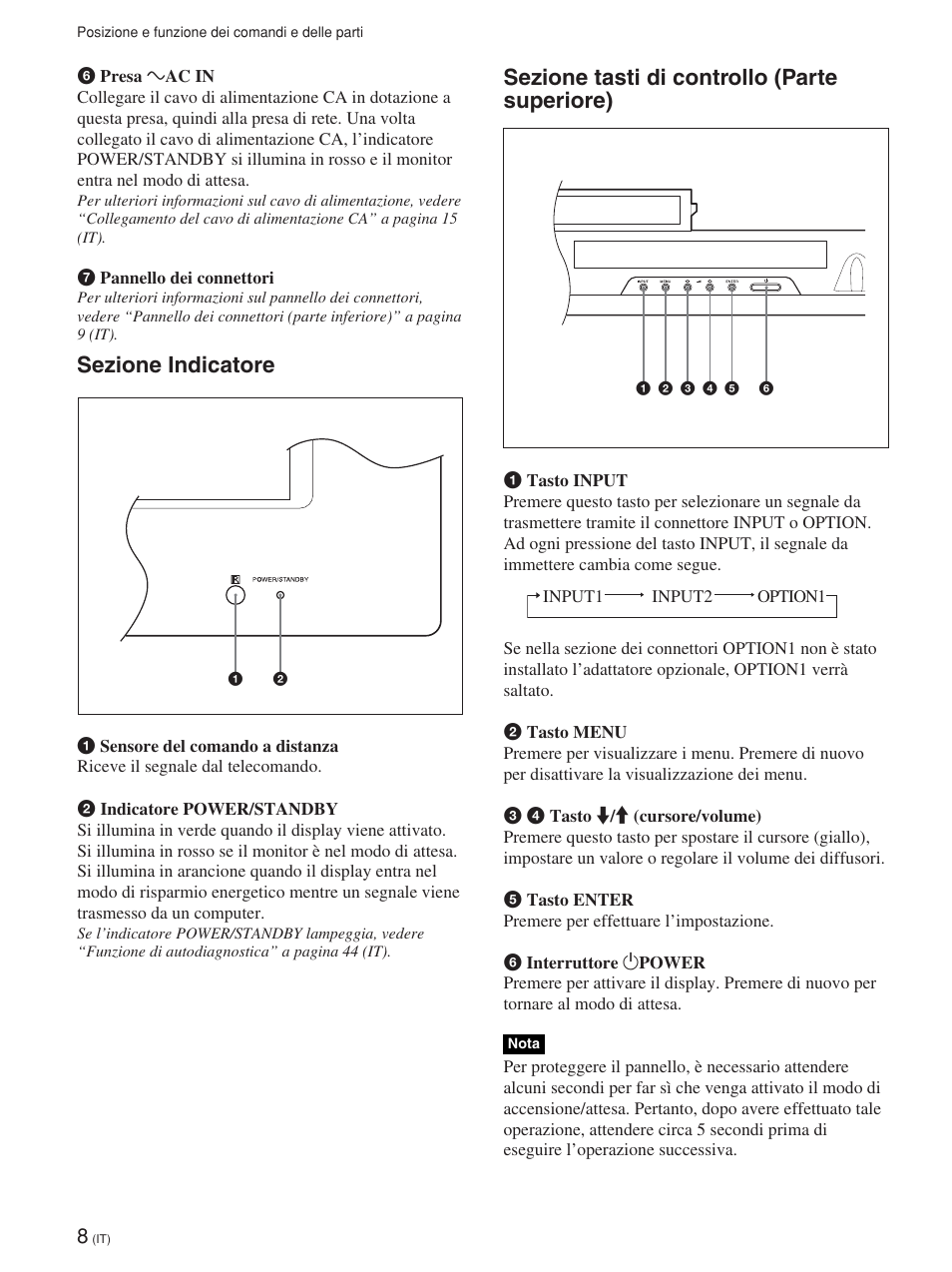Sezione indicatore, Sezione tasti di controllo (parte superiore) | Sony FWD-42PV1 User Manual | Page 242 / 328