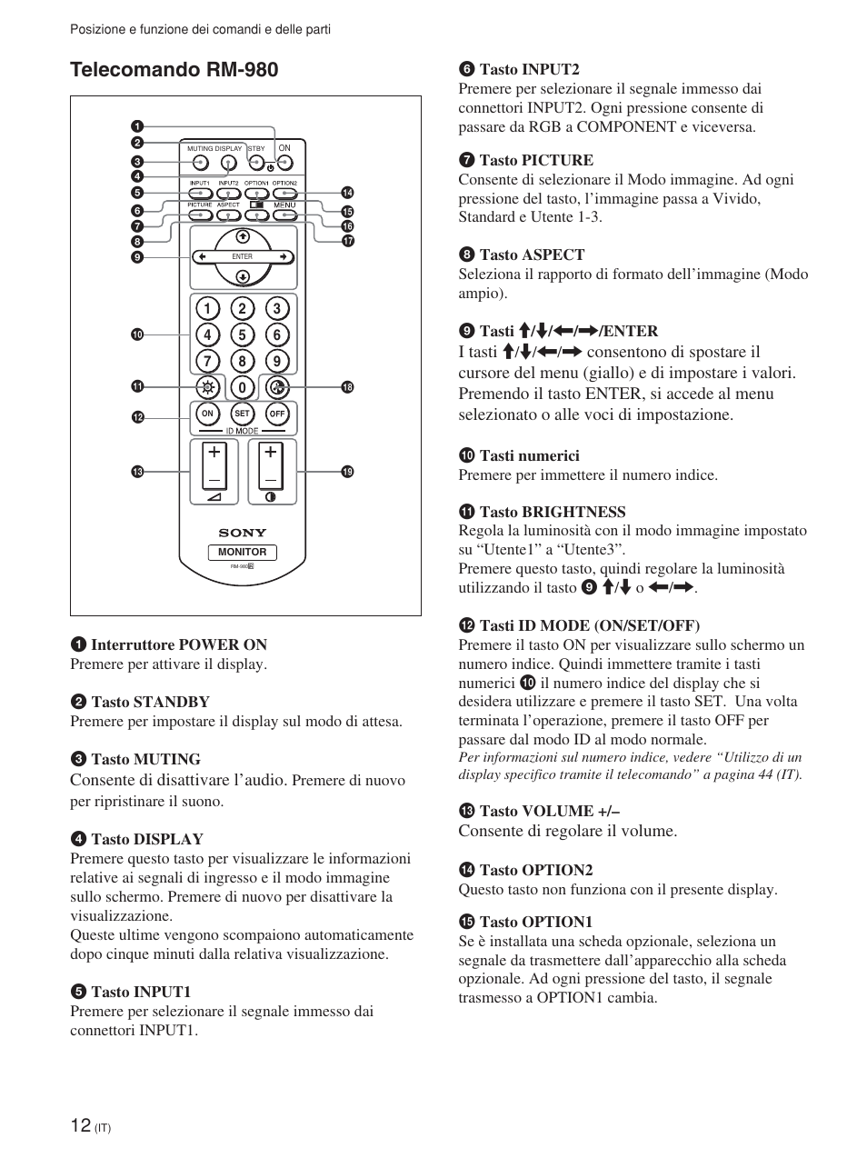 Telecomando rm-980, Consente di disattivare l’audio, I tasti | Consente di regolare il volume | Sony FWD-42PV1 User Manual | Page 246 / 328