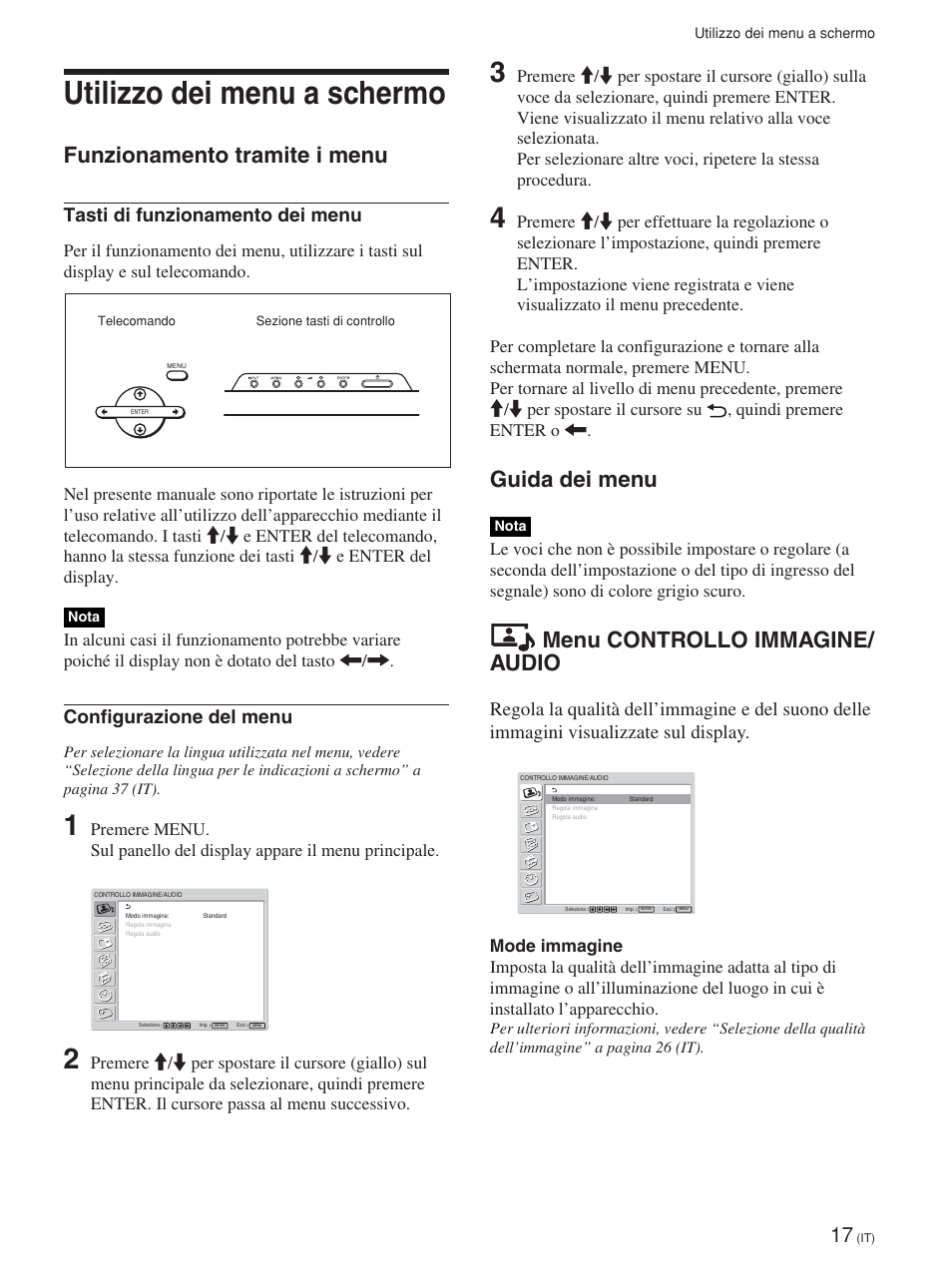 Utilizzo dei menu a schermo, Funzionamento tramite i menu, Guida dei menu | Menu controllo immagine/ audio, Tasti di funzionamento dei menu, Configurazione del menu | Sony FWD-42PV1 User Manual | Page 251 / 328