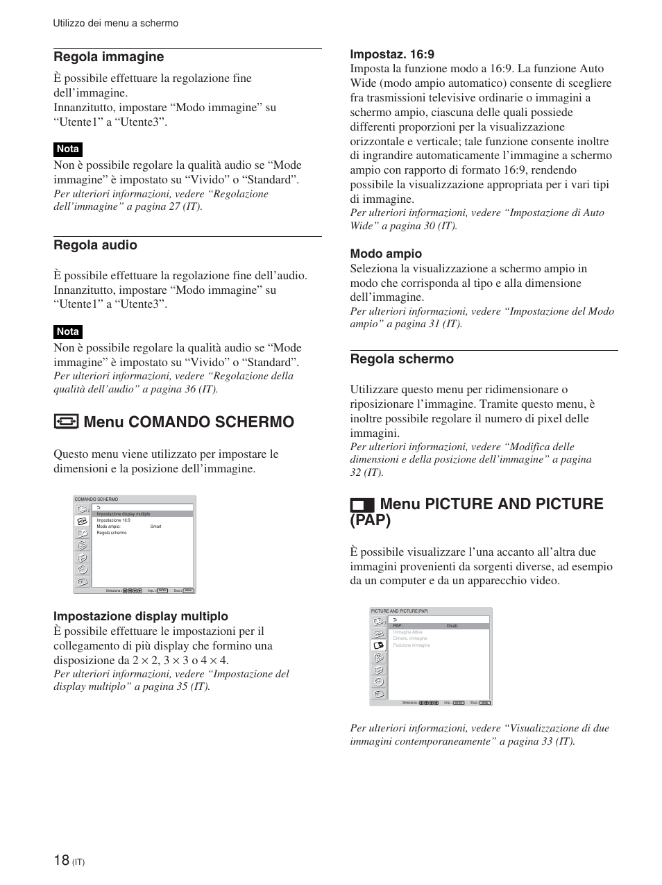 Menu comando schermo, Menu picture and picture (pap), Regola immagine | Regola audio, Regola schermo | Sony FWD-42PV1 User Manual | Page 252 / 328