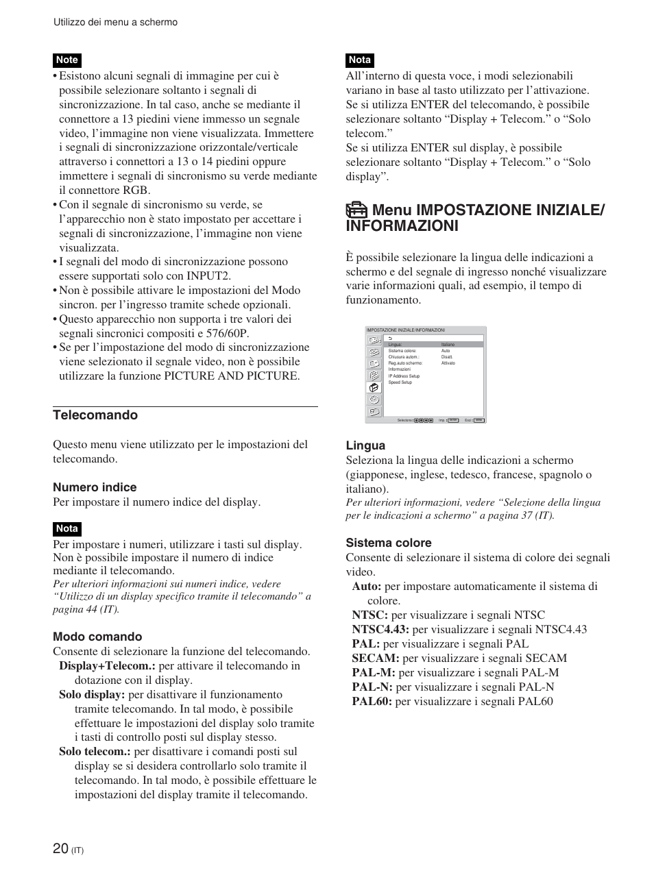 Menu impostazione iniziale/ informazioni, Telecomando | Sony FWD-42PV1 User Manual | Page 254 / 328