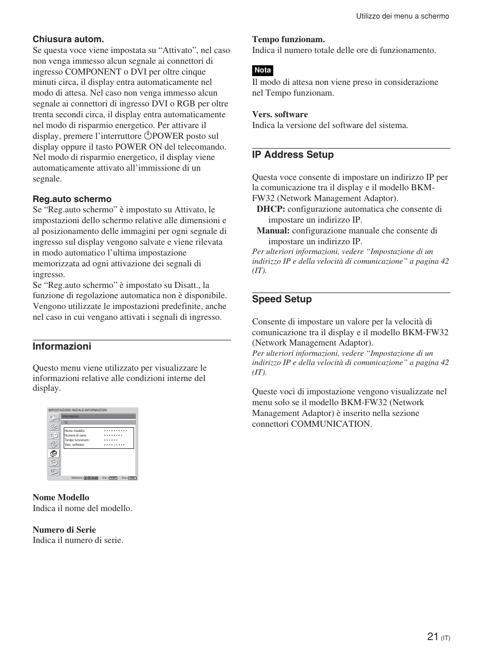 Informazioni, Ip address setup, Speed setup | Sony FWD-42PV1 User Manual | Page 255 / 328