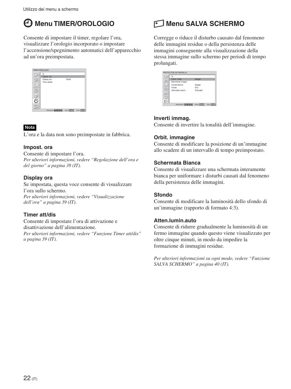 Menu timer/orologio, Menu salva schermo | Sony FWD-42PV1 User Manual | Page 256 / 328