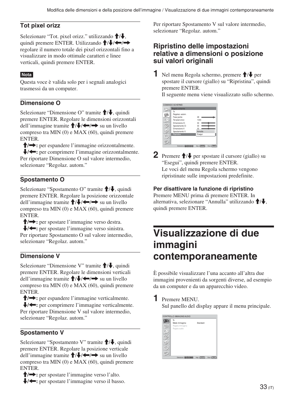 Visualizzazione di due immagini contemporaneamente, Tot pixel orizz, Dimensione o | Spostamento o, Dimensione v, Spostamento v | Sony FWD-42PV1 User Manual | Page 267 / 328
