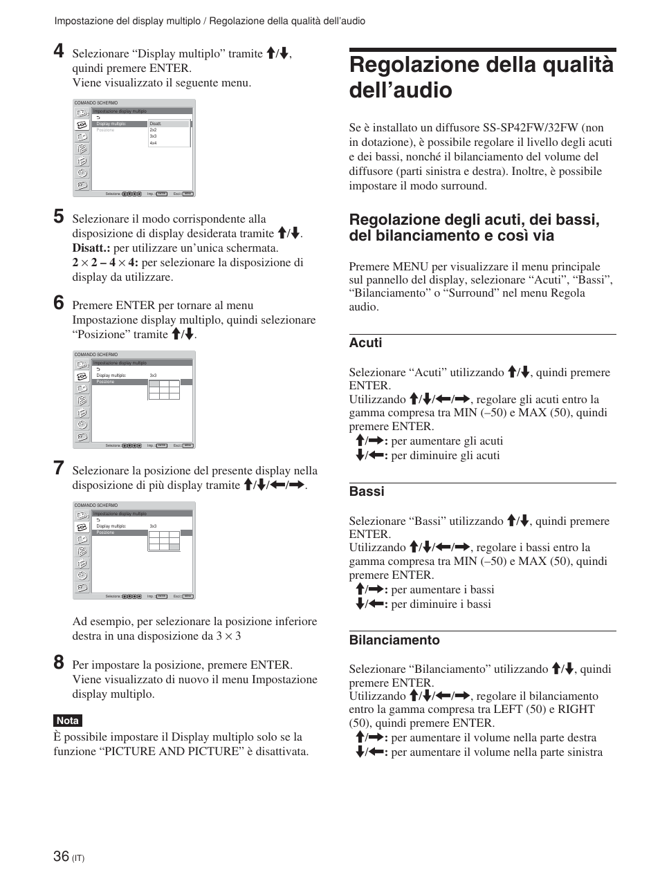 Regolazione della qualità dell’audio, Acuti, Bassi | Bilanciamento | Sony FWD-42PV1 User Manual | Page 270 / 328