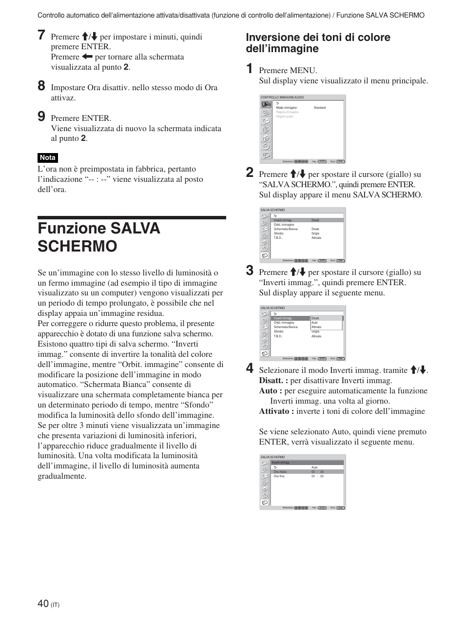 Funzione salva schermo, Inversione dei toni di colore dell’immagine | Sony FWD-42PV1 User Manual | Page 274 / 328