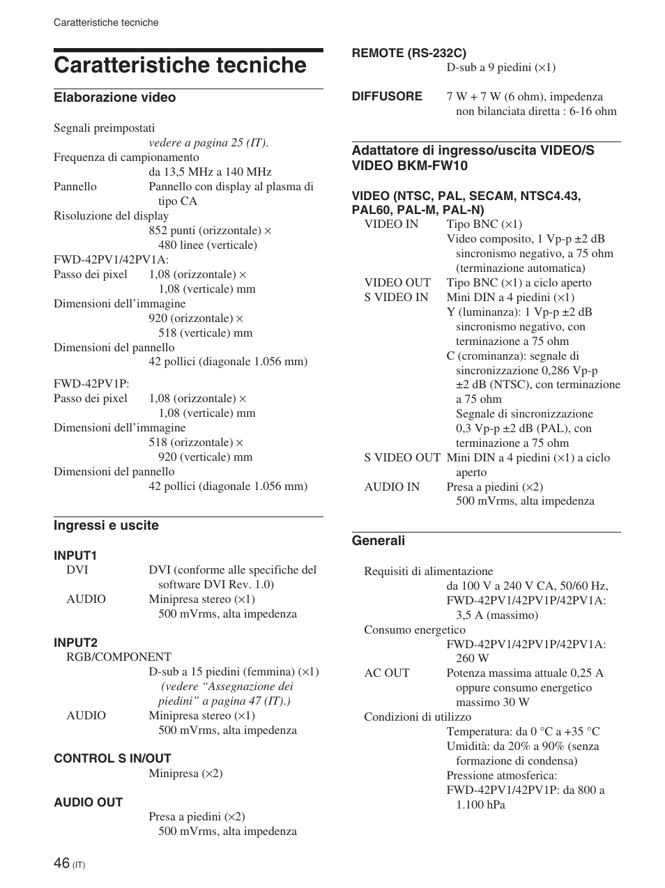Caratteristiche tecniche | Sony FWD-42PV1 User Manual | Page 280 / 328
