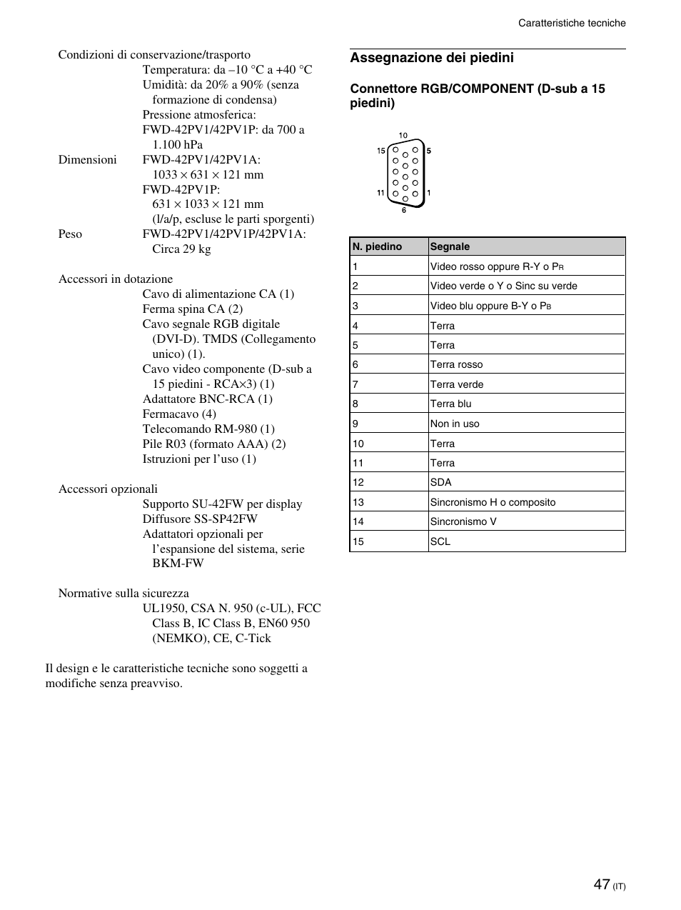 Assegnazione dei piedini | Sony FWD-42PV1 User Manual | Page 281 / 328