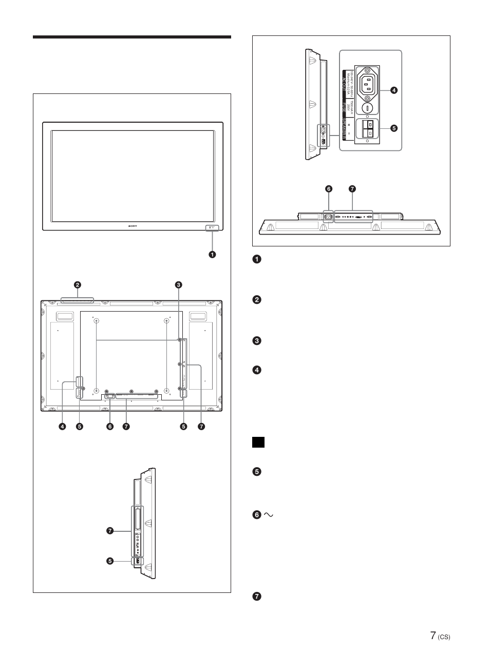部件和控制器的位置和功能, 前视图／后视图／左侧／右侧／底部 | Sony FWD-42PV1 User Manual | Page 287 / 328