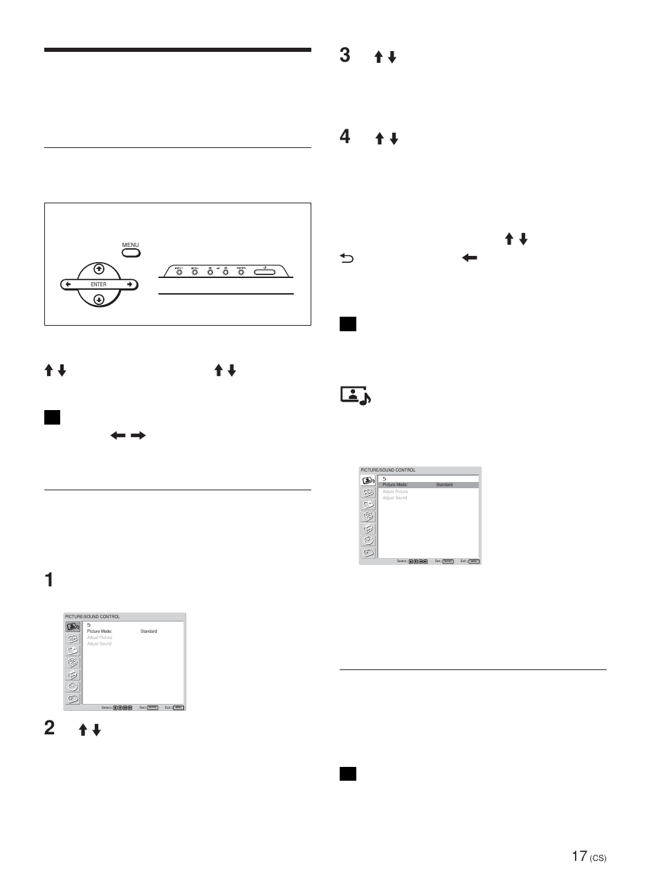 使用屏幕菜单, 通过菜单操作, 菜单指南 | Picture/sound control （图像／声音控制）菜单, 菜单操作键, 菜单结构, Adjust picture（图像调整 | Sony FWD-42PV1 User Manual | Page 297 / 328
