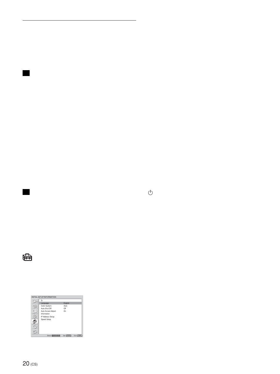 Initial setup/information （初始设定/信息）菜单, Remote（遥控, 此菜单用于遥控设定。 index number（索引号码） 设定显示器的索引号码 | 设定号码时，使用显示器上的键。无法使用遥控器 设定 index number（索引号码, 您可以选择屏幕语言或输入信号，或显示各种信 息，如 operation time（工作时间）等, Language（语言） 选择屏幕语言（日语，英语，德语，法语，西班牙 语或意大利语 | Sony FWD-42PV1 User Manual | Page 300 / 328