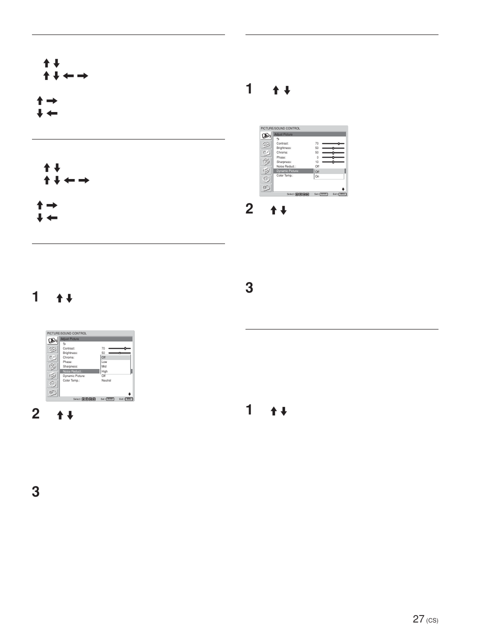 Phase（相位, Sharpness（锐度, Noise reduct.（减噪 | Dynamic picture（动态图像, Color temp.（色温, 减少图像颗粒和色彩噪音, 用 m/m 键选择“noise reduct.”并按 enter 键。 以下菜单出现在显示器屏幕上, 按 enter 键恢复至 adjust picture（调整图 像）菜单, 使白色更白，黑色更黑以提高对比度, 您也可以设定色温。可以选择“cool”、 “neutral”或“warm”、或者单独设定各增益 值 | Sony FWD-42PV1 User Manual | Page 307 / 328